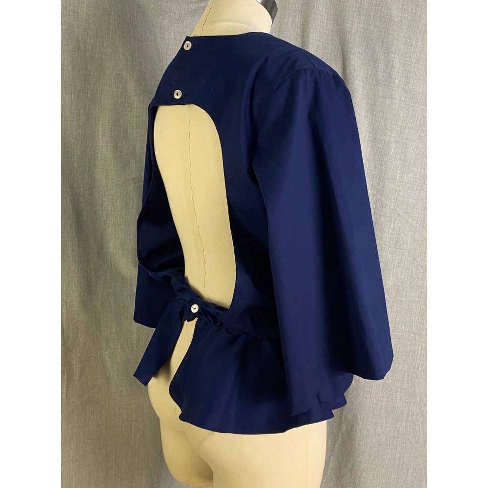 Toit Volant Navy‎ Blue Open Back Peplum Blouse USA Backless Cutout Bell Sleeve M